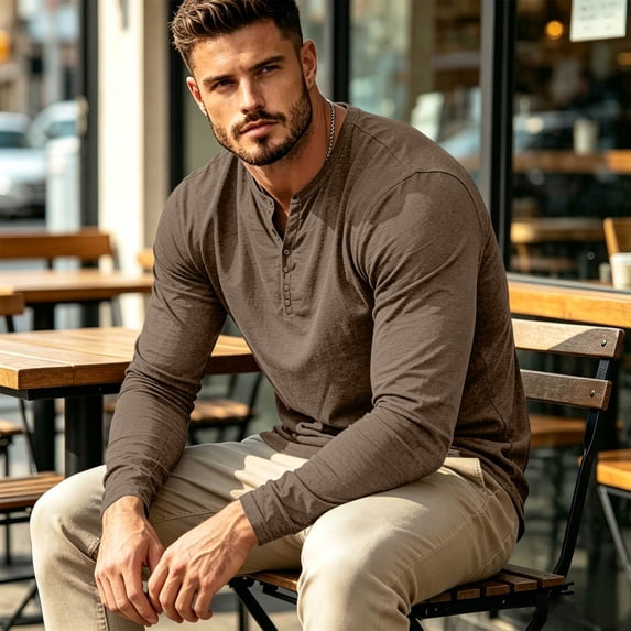 Domuza Mens Athletic Henley Shirt Long Sleeve Quarter Button Workout Tee Stretchy Casual Top for Fall Khaki 2XL
