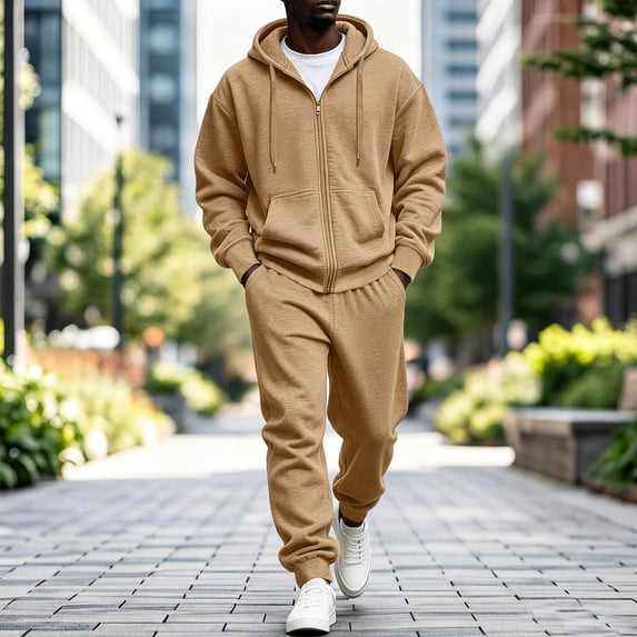 Domuza Mens Athletic Tracksuit Set, Hoodie with Pockets and Jogger Pants, Sporty Casual Jogging Suit Camel L