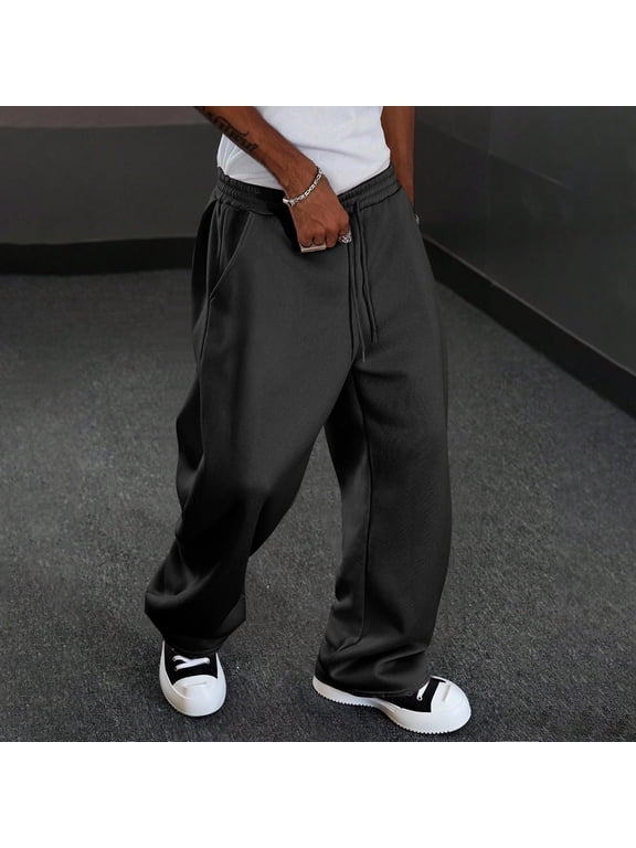 Mens Baggy Pants Drawstring Stretch Loose Fit Wide Leg Streetwear Pants with Pockets Black L