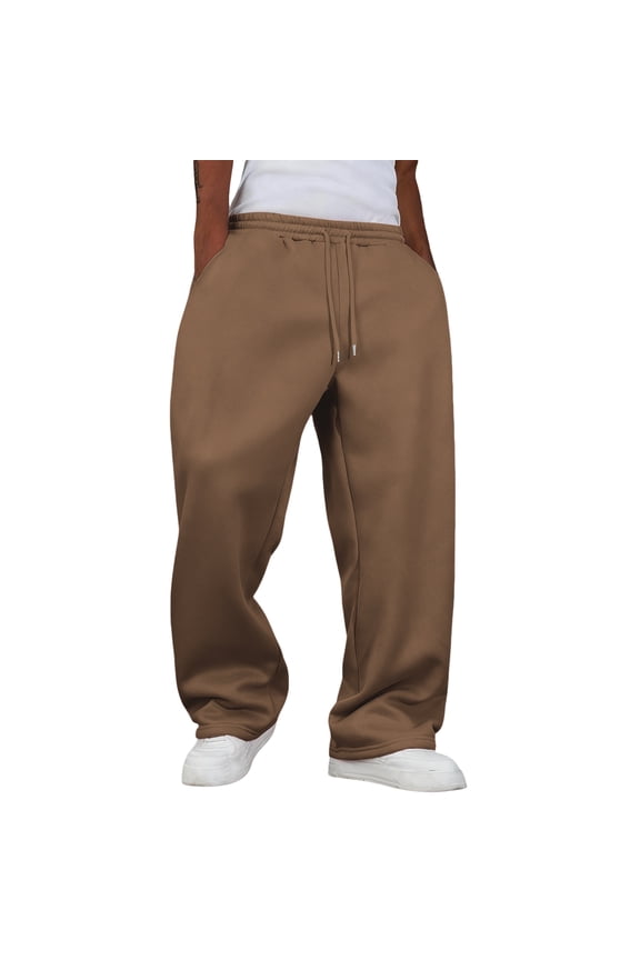 Mens Baggy Pants Drawstring Stretch Loose Fit Wide Leg Streetwear Pants with Pockets Light Brown 2XL