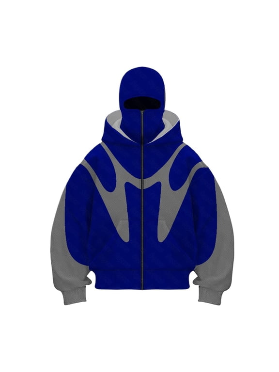 Mens Balaclava Hoodie Double Layer Hooded Zip Up Windproof Jacket with Eye Mask Fall Winter Thermal Trendy Y2k Outerwear Royal Blue S