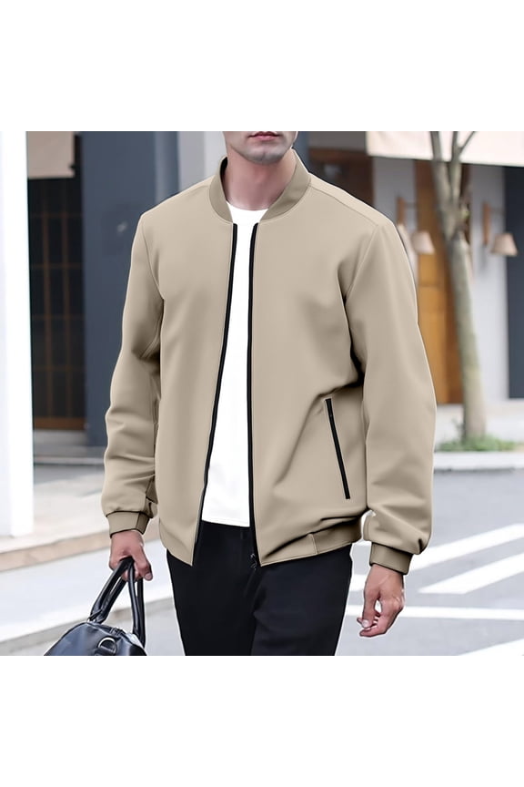 Mens Bomber Jackets Casual Trendy Lightweight Windbreaker Full Zip Varsity Jackets Fall Winter Vintage Softshell Relaxed Fit Coat with Pockets - Khaki M