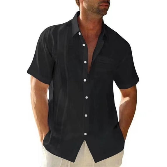Domuza Mens Button Down Linen Shirts Short Sleeve Casual Collared Summer Beach Untucked Tops with Pocket Black 3XL