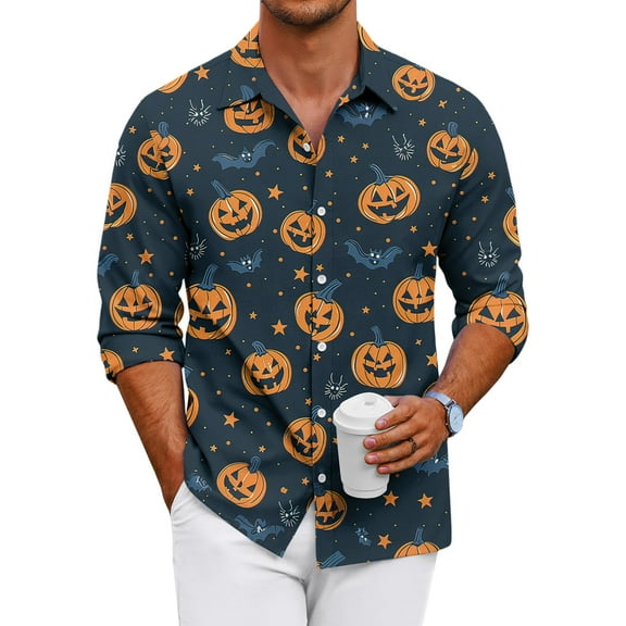 Domuza Mens Button Down Long Sleeve Shirt Halloween Spooky Novelty Print Relaxed Fit T-Shirt Lightweight Casual Lapel Blouse for Halloween Party Navy M