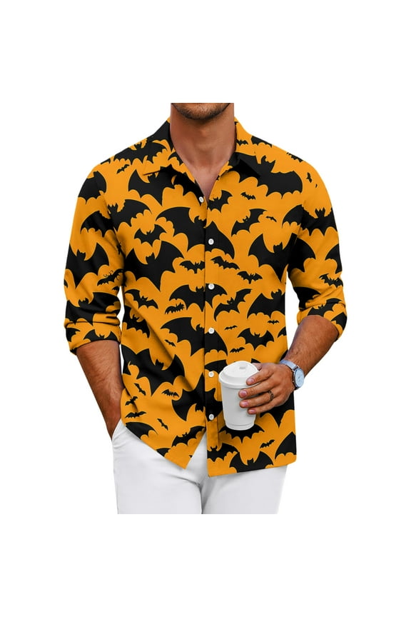 Mens Button Down Long Sleeve Shirt Halloween Spooky Novelty Print Relaxed Fit T Shirts Casual Lightweight Collared Top for Halloween Party Orange XL
