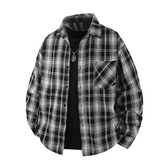 Domuza Mens Button Down Shirt Casual Long Sleeve Collared Plaid Tshirts with Pockets Fall Trendy Comfy Lightweight Loose Fit Untucked Blouse Black XXL