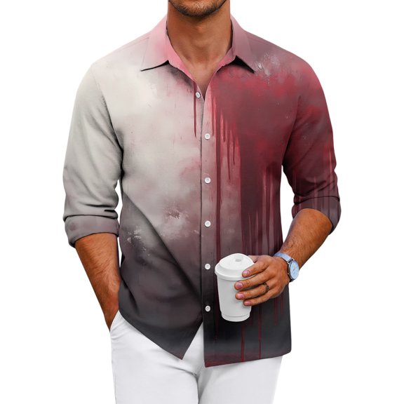 Domuza Mens Button Up Shirts Long Sleeve Halloween Horror Novelty Print Relaxed Fit T Shirt Casual Lightweight Lapel Blouse for Halloween Party Wine M
