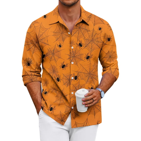 Domuza Mens Button Up Shirts Long Sleeve Halloween Novelty Horror Print Loose Fit T Shirt Casual Lightweight Collared Dress Shirts for Halloween Party Yellow XL