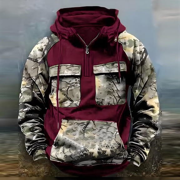 Domuza Mens Camo Hoodies Fleece Quarter Zip Up Drawstring Cargo Hooded Sweatshirt Fall Winter Vintage Baggy Pullover Top with Pockets Wine 2XL