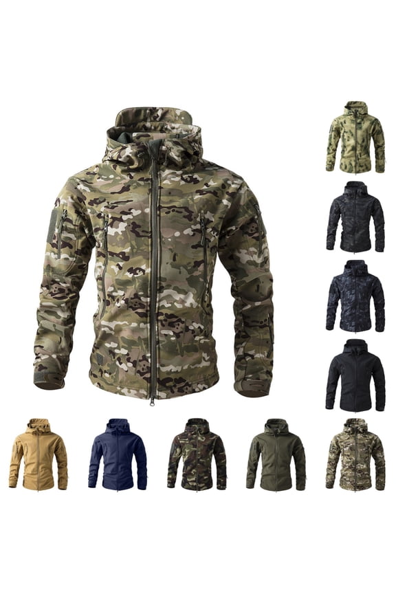 Mens Camouflage Full-Zip Jacket, Waterproof Windproof Hooded Fleece Lined, Outdoor Coat with Pockets Camouflage L