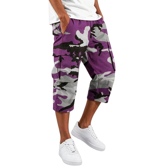 Domuza Mens Capri Camo Cargo Shorts Drawstring Below Knee Shorts 3/4 Summer Casual Outdoor Hiking Shorts with Pockets Purple 3XL