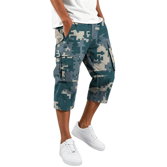 Domuza Mens Capri Camo Cargo Shorts Drawstring Below Knee Shorts 3/4 Summer Casual Outdoor Hiking Shorts with Pockets Sky Blue 3XL