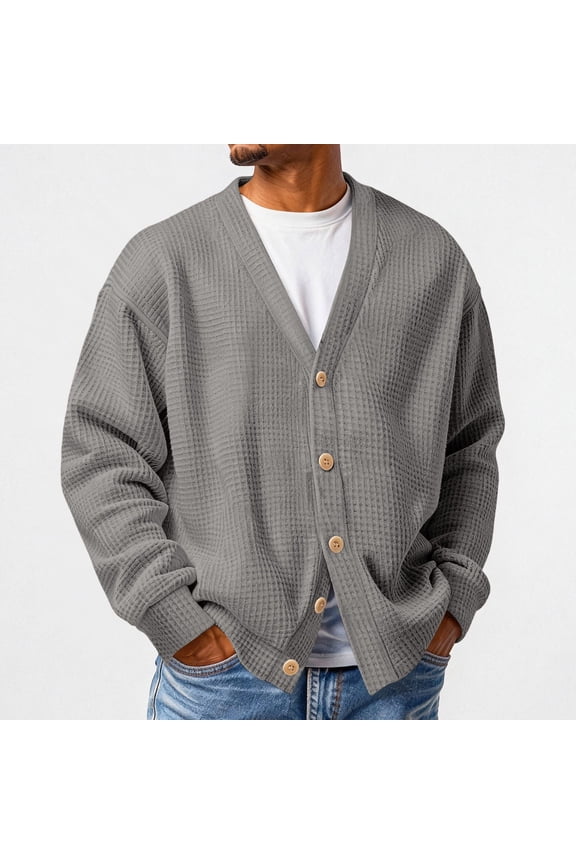 Mens Cardigan Sweater Textured Waffle Knit Long Sleeve Cardigan Fall Winter Open Front Lightweight Casual Button Down Cardigan Gray L
