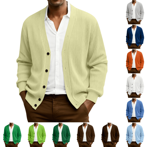 Domuza Mens Cardigan Sweaters Long Sleeve Button Down Sweaters Casual Business Knitted Cardigans Lightweight Loose Sweater Yellow 4XL