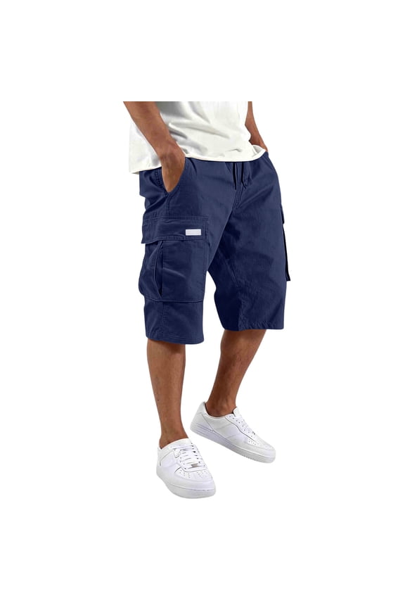 Mens Cargo Cotton Cargo Shorts Drawstring Stretch Elastic Waist Casual Work Short with Pockets Navy 2XL