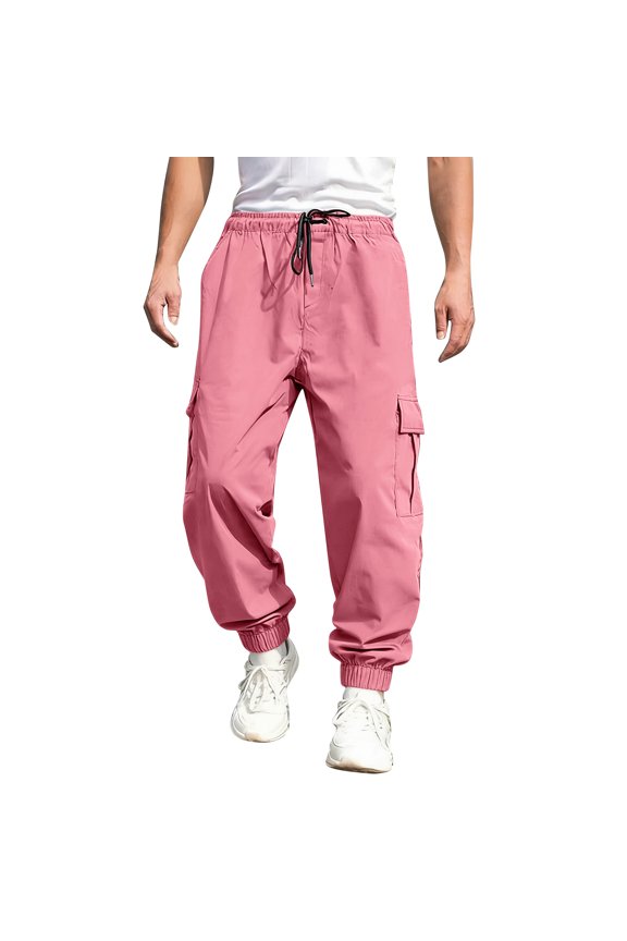 Mens Cargo Pants Casual Baggy Drawstring Loose Fit Hip Hop Pants Joggers Pants with Pockets Pink 3XL