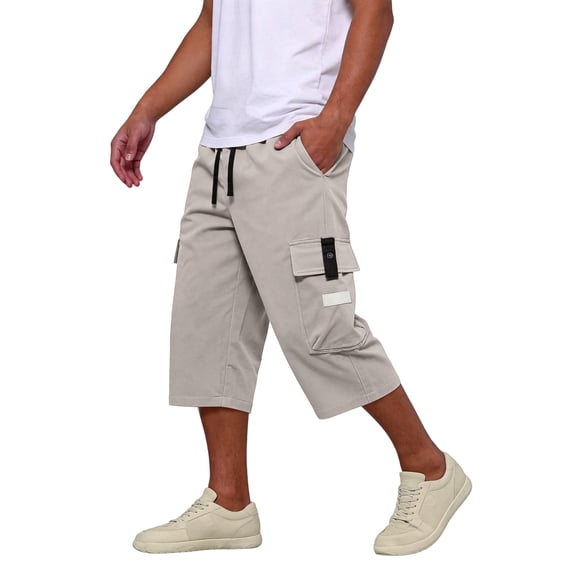 Domuza Mens Cargo Shorts Below Knee Lightweight Drawstring Elastic Waist Long Shorts Work Pants with Multi Pockets Light Gray L