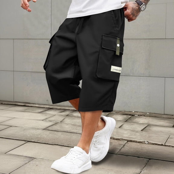 Domuza Mens Cargo Shorts Below Knee Lightweight Waterproof Long Shorts Quick Dry Work Bermuda Short with Multi Pockets Black L