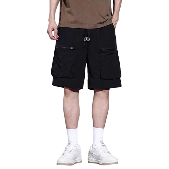 Domuza Mens Cargo Shorts Knee Length Relaxed Fit Multi-Pocket Waterproof and Tear-Resistant for Outdoor Activity and Casual Daily Wear Black M