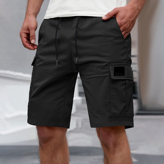 Domuza Mens Cargo Shorts Sweat Shorts Elastic Waist Drawstring Athletic Summer Casual Pants with Pockets Black M