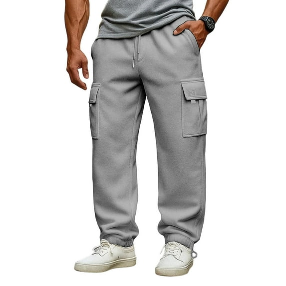 Domuza Mens Cargo Sweatpants Big and Tall Drawstring Wide Leg Sweatpants 2026 Stylish Work Open Bottom Jogger Pants with Multi Pockets Light Gray 2XL