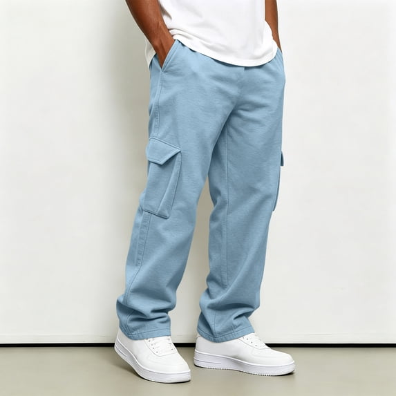 Domuza Mens Cargo Sweatpants Straight Wide Leg Baggy Pants Drawstring Elastic Waist Jogger Sweatpant Stretch Trouser with Pockets