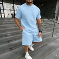 thumbnail image 1 of Domuza Mens Casual 2 Piece Outfits-Short Sleeve Athletic Set Oversize T-Shirts Drawstring Tracksuit Set Sky Blue 2XL, 1 of 5