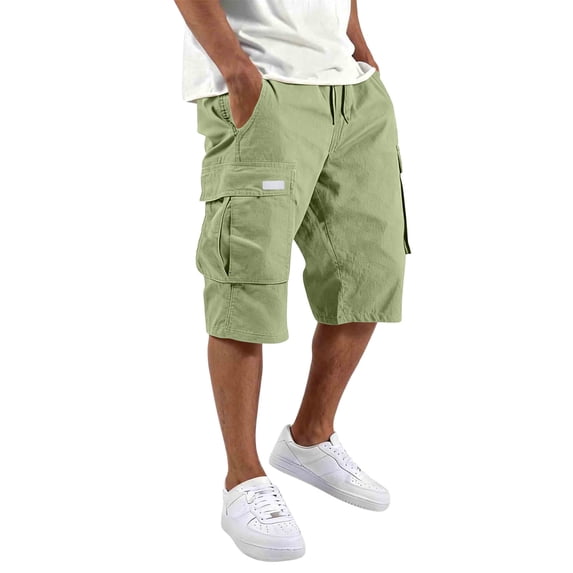 Domuza Mens Casual Cotton Cargo Shorts Drawstring Elastic Waist Classic Work Shorts with Multiple Pockets Light Green M