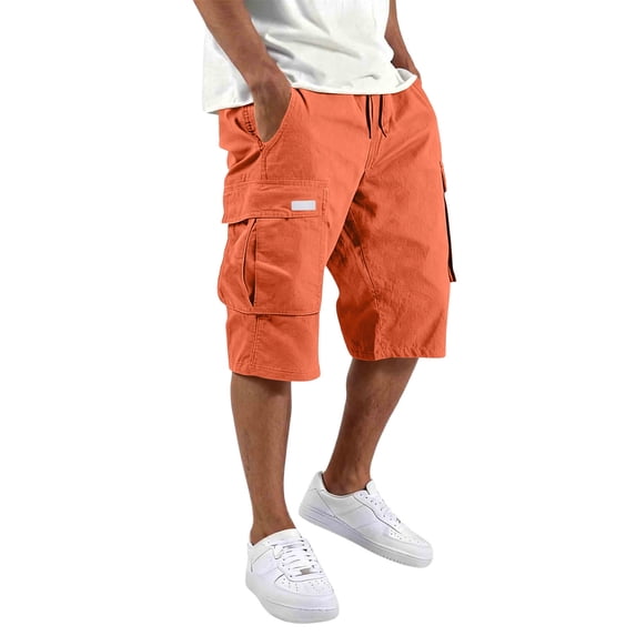 Domuza Mens Casual Cotton Cargo Shorts Drawstring Elastic Waist Classic Work Shorts with Multiple Pockets Saffron M