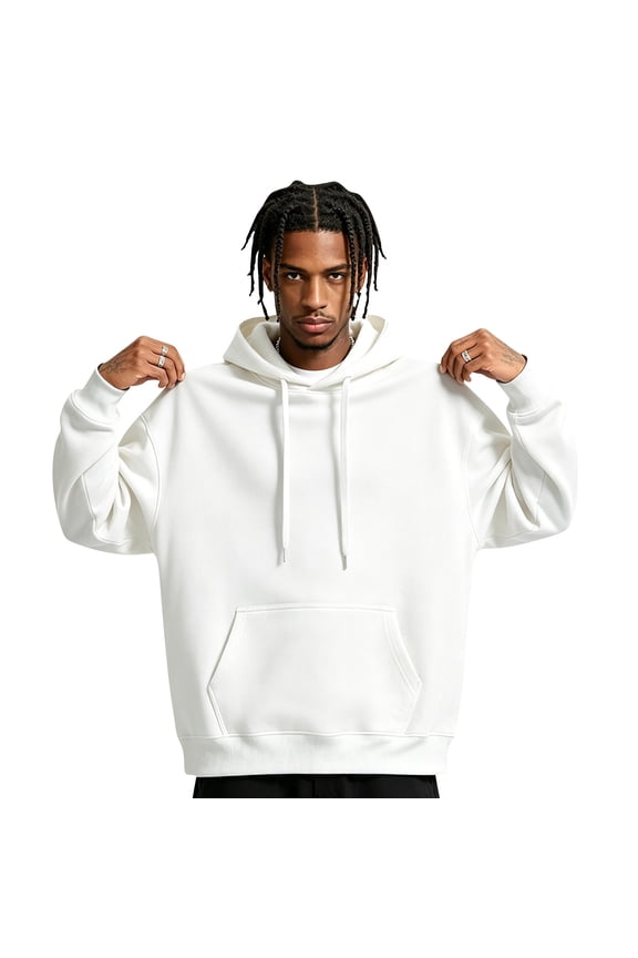 Mens Casual Fleece Hooded Collar Drawstring Hoodies Pullover Sweatshirts Casual Long Sleeve Shirts White 3XL