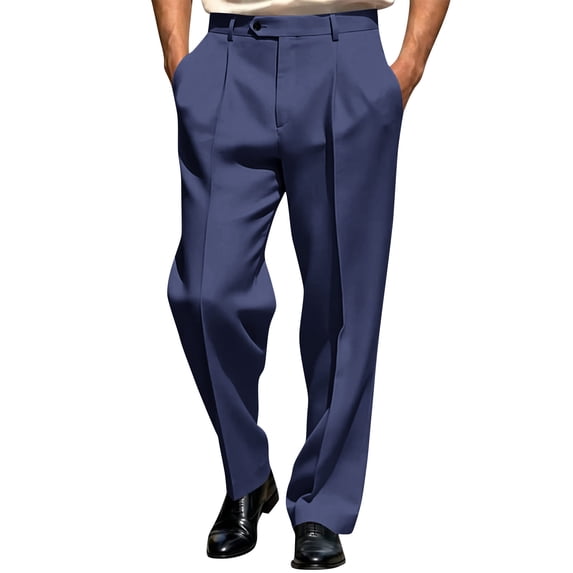Domuza Mens Casual Pants Business Work Front Pleated Dress Trousers Loose Fit Straight Leg Slacks Navy M