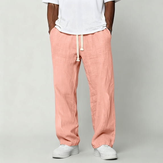 Domuza Mens Casual Pants Drawstring Elastic Waist Pants Linen Summer Beach Pants with Pockets Red L