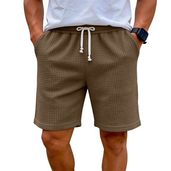 Domuza Mens Casual Shorts Drawstring Waffle Shorts Stretch Elastic Waist Summer Beach Lounge Sweat Shorts with Pockets Brown 3XL