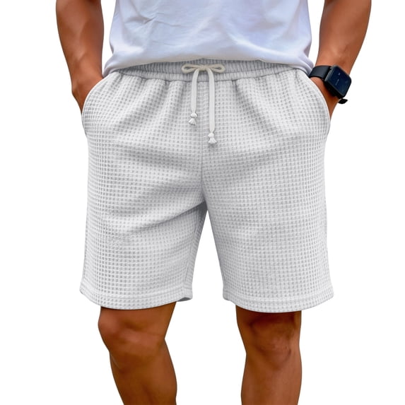 Domuza Mens Casual Shorts Drawstring Waffle Shorts Stretch Elastic Waist Summer Beach Lounge Sweat Shorts with Pockets White 3XL