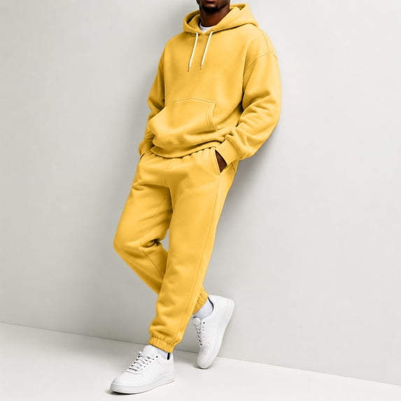 Domuza Mens Casual Tracksuit 2 Piece Matching Set, Hooded Sweatshirt And Relaxed‑Fit Sweatpants, Cozy Fleece Lined Sweatsuits For Gym Training Outdoor - Yellow S