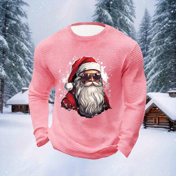 Domuza Mens Christmas Shirts Waffle Knit Santa Claus Graphics Long Sleeve Crewneck Tshirts Casual Loose Fit Comfy Sweatshirt Pink 2XL
