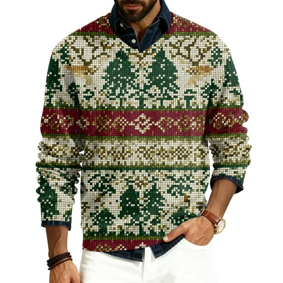 Domuza Mens Christmas Sweater Long Sleeve V Neck Xmas Graphics Ribbed Knit Sweaters Fall Winter Stylish Regular Fit Lightweight Pullover Top Army Green M
