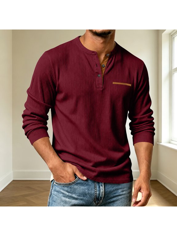 Mens Corduroy Henley Shirts Casual Button Down Shirt Fall Fashion Plain Long Sleeve Tees Comfy Soft Tops