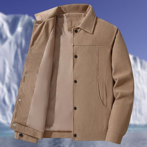 Domuza Mens Corduroy Jacket Casual Comfy Button Down Lapel Vintage Shacket Jacket Fall Winter Thermal Loose Fit Solid Coat Overshirts with Pockets Khaki 2XL