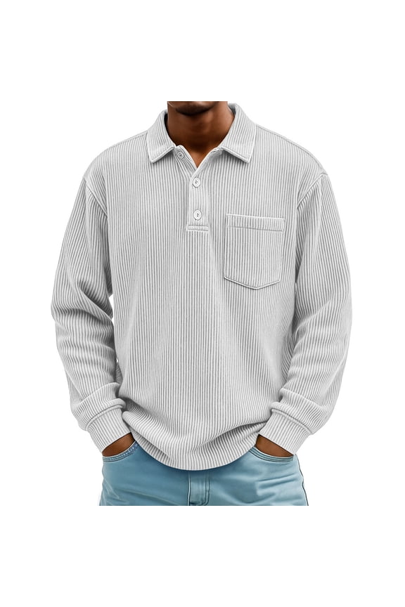 Mens Corduroy Polo Shirts Retro Textured Button Down Long Sleeve T-Shirts with Pocket Fall Lightweight Relaxed Fit Collared Pullover White L