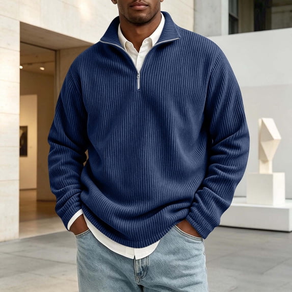 Domuza Mens Corduroy Quarter Zip Pullover Sweatshirt, Mock Stand Collar Long‑Sleeve Solid‑Color Sweater, Fall Winter Soft Warm Thermal Polo Top