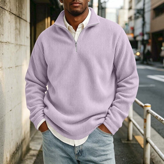 Domuza Mens Corduroy Quarter Zip Pullover Sweatshirt, Mock Stand Collar Long‑Sleeve Solid‑Color Sweater, Fall Winter Soft Warm Thermal Polo Top