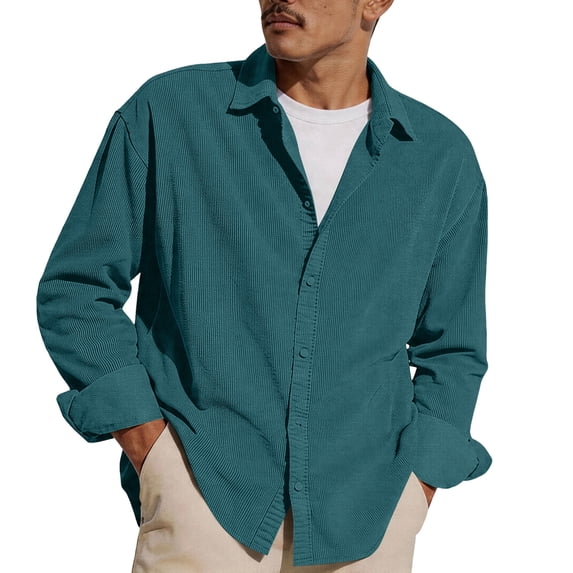 Domuza Mens Corduroy Shirt Long Sleeve Button Down Collared Shirts Casual Lightweight Shirt Jacket Vintage Classic Shacket Royal Blue S