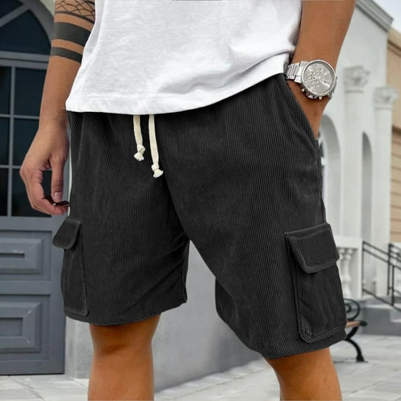 Domuza Mens Corduroy Shorts Casual Comfy Elastic Waist Drawstring Beach Shorts Stylish Lightweight Breathable Loose Fit Shorts with Pockets Black 3XL