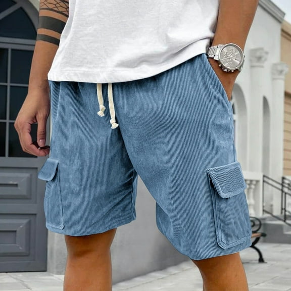 Domuza Mens Corduroy Shorts Casual Comfy Stretch Waist Drawstring Beach Shorts Stylish Lightweight Breathable Loose Fit Shorts with Pockets Blue M