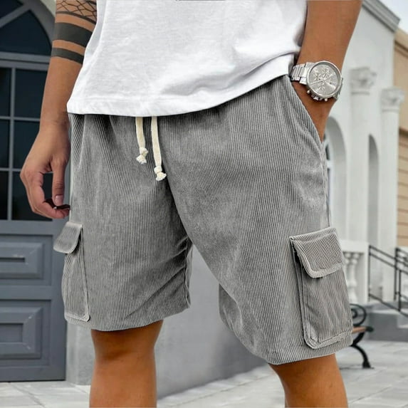Domuza Mens Corduroy Shorts Casual Comfy Stretch Waist Drawstring Beach Shorts Trendy Breathable Lightweight Loose Fit Shorts with Pockets Gray M