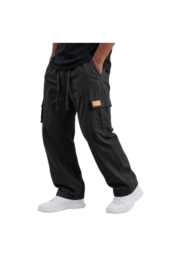 Mens Cotton Linen Cargo Pants Casual Elastic Waist Drawstring Beach Pant Straight Leg Summer Yoga Trouser with Pockets Black S