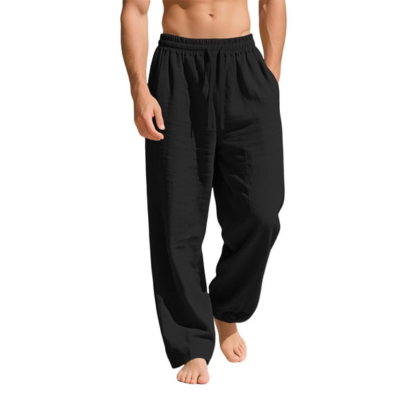 Domuza Mens Cotton-Linen Pants Drawstring Elastic Waist Linen Summer Casual Pants Sports & Recreation Breeze Beach Pants-Black 3XL