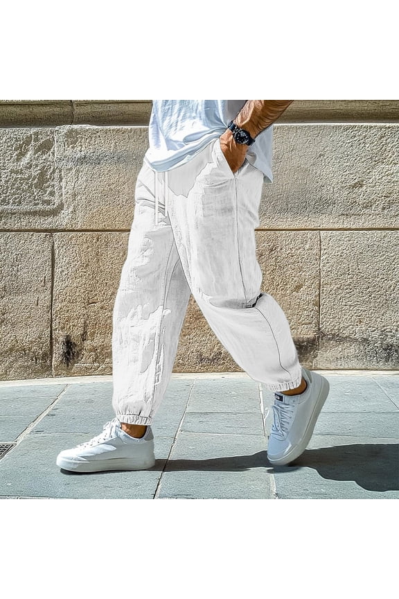 Mens Cotton Linen Pants Elastic Waist and Ankle Drawstring Baggy Style Lightweight Breathable Beach Pants White M