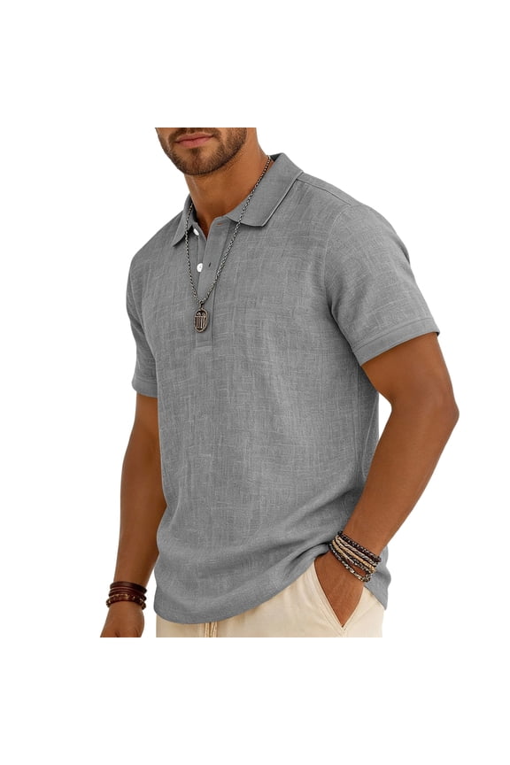 Mens Cotton Linen Polo Shirts Short Sleeve Casual Hawaiian Tees Big and Tall Classic Button Collar Loose Tshirts Summer Fashion Tops Gray 3XL
